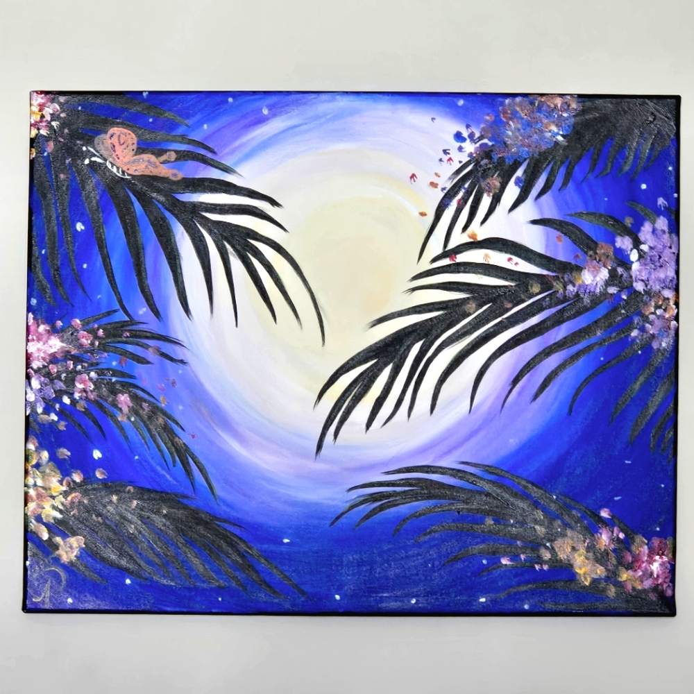 Handpainted Tropical Night Sky Celestial Moon Canvas Acrylic Art Painting